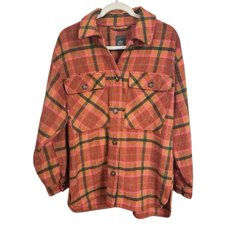 Wild Fable Womens Sz S Orange Plaid Long Sleeve Button Up Oversized Shirt Jacket